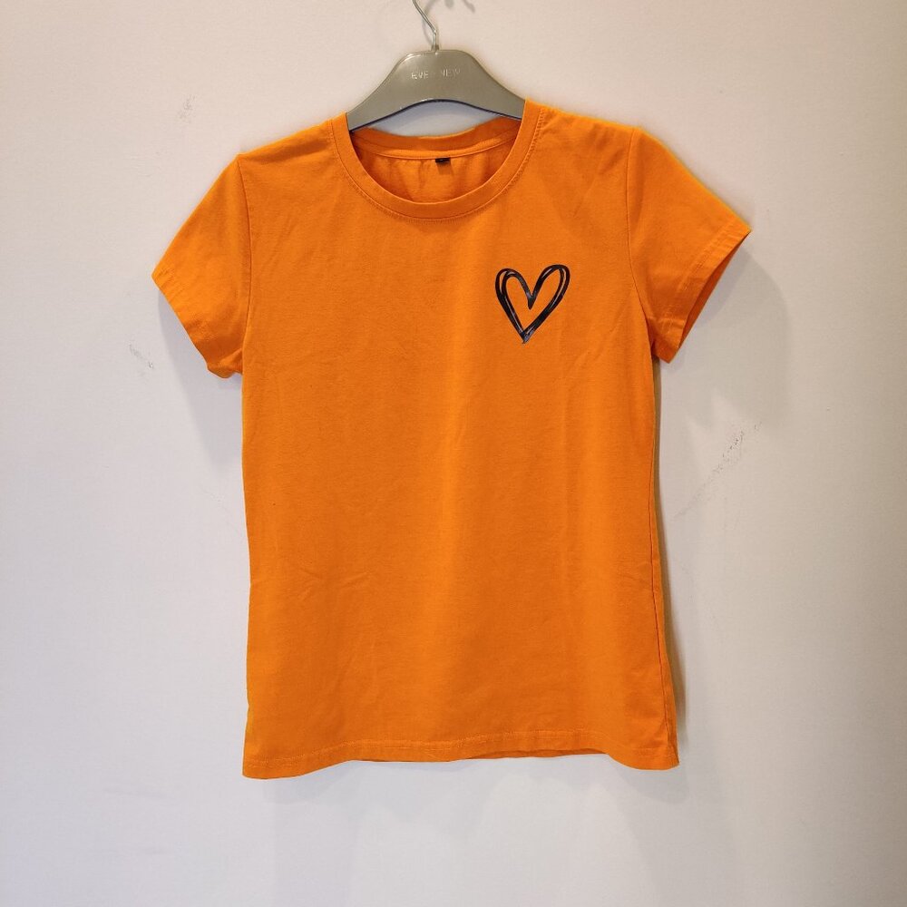 Solid Orange T-Shirt with Minimalist Graphic Heart on Chest | Small